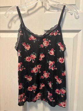 Floral Lace-Trim Satin Cami Top - Black with Pink Roses